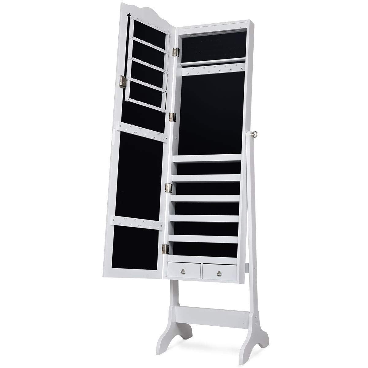 COSTWAY Szafka na biżuterię z 14 diodami LED, regał na biżuterię z lustrem na całe ciało, zamykana, szafka z lustrem na biżuterię, 4-stopniowa regulacja nachylenia, na pierścionki, haczyki na