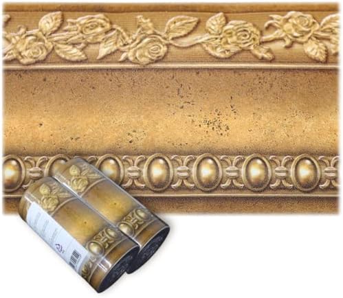 (Pack of 2) Flower Modeling Self-Adhesive Peel and Stick Wall Lines Wallpaper Border for DIY 13 ft(4 Meter) with Applying Tool - Gold Brown