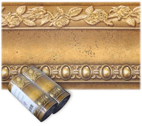 (Pack Of 2) Flower Modeling Self-Adhesive Peel And Stick Wall Lines Wallpaper Border For Diy 13 Ft(4 Meter) With Applying Tool - Gold Brown #TOP24