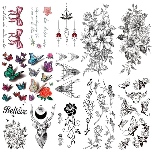 LEADTEAM 26 Blätter Fake Tattoos, Temporäre Tattoos 3D Schmetterling Blume Tattoo Arm Tattoo, Klebetattoos Erwachsene Aufkleben Damen Frauen Tattoo Aufkleber Party Deko Festival