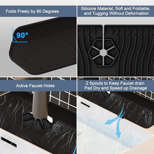 Image of Faucet Guard - 90 Foldable Draining Mat for Kitchen Sink with 2 Drain Ports, Black, 24 inch*5.66 inch