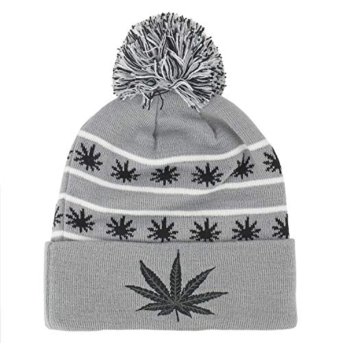 Marijuana Leafs Pom Pom Acrylic Beanie Hat - Grey Black - Thumbnail 4