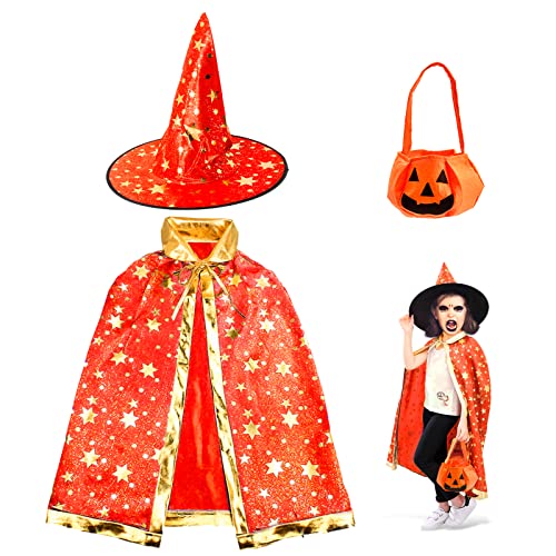 UQTUKO Cape du Magicien d'Halloween, Cape Magique avec Chapeau de Citrouille, Manteau de Sorcière et Chapeau de Magie, Costume d'Halloween pour Enfants Fille Garçon Cosplay Fête, Rouge Cover