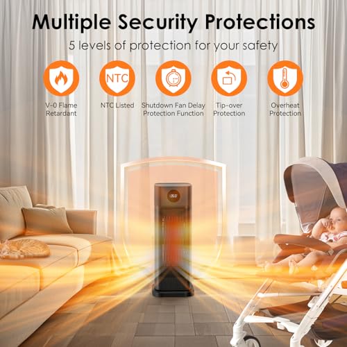 Minthouz Space Heater - 1500W PTC Ceramic Tower Heaters for Indoor Use with Adjustable Thermostat, Timer and Remote Control, Quick 1s Heat-up 70° Oscillation Electric Heater for Office, Bedroom, Room - image 3