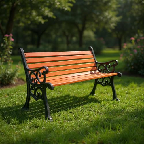 Image of Amazon Brand - Solimo Cast Iron 3 Seater Garden Bench | Durable Outdoor Park Bench for Balcony Patio Terrace, Living Room | Ideal Indoor and Outdoor Seating Furniture (Orange)