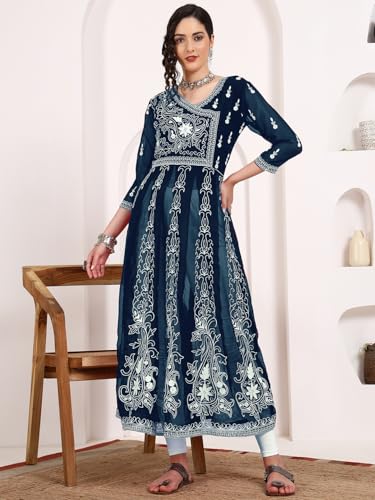 Image of EthnicJunction Women's Georgette Regular Fit Anarkali Embroidered Chikankari Work Angrakha Kurta