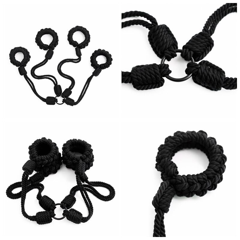 BONDAGERIE® Costrittivo Manette e Cavigliare ad X in Corda effetto raso, per coppie, accessori slave schiava regolabili, colore Nero