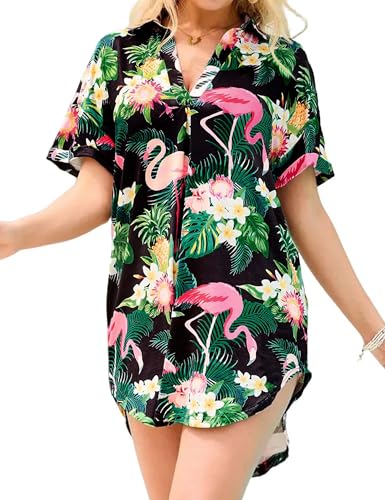 MAKABO Swimsuit Coverup for Women, V-Neck Beach Dress Shirt Cover Up Pullover with Side Slits, Summer Bikini Colorful Flamingos Printed Swimwear, S