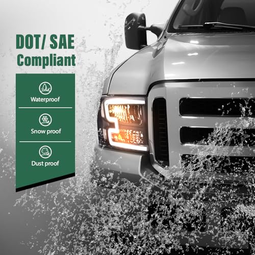Image of GRAND ORANGE LED DRL Headlight Assembly Compatible with Ford Excursion 05 /Fit Ford F250 F350 F450 F550 Super Duty 05-07 HeadLamps LH & RH Clear lens Black Housing White Reflector Headlights FO2503217