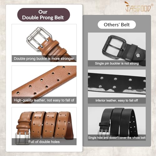 Image of JASGOOD Men Double Prong PU Leather Belt Casual Work Heavy Duty Belt Double Grommet Holes Belt for Jeans
