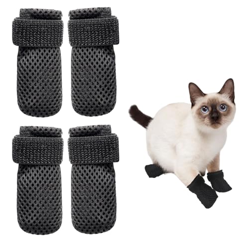 4Stk Katzenschuhe,Verstellbare Katzenschuhe aus Netzstoff,Krallenschutz für Katzen,Atmungsaktiv Katzenpfotenschutz,Anti-Kratz-Schuhe Für Katzen,Katzenstiefel zum Baden,Schneiden von Nägeln (Schwarz,M)