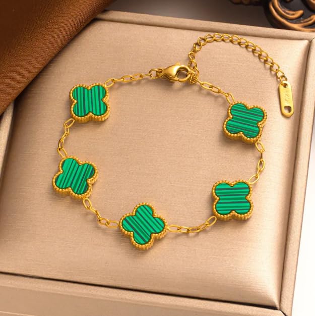 Image of STYOLLO Four-Leaf Clover Anti Tarnish Bracelet for Women & Girls Stylish | Elegant Gold-Plated Lucky Charm Jewelry | Aesthetic Enamel Design Adjustable Chain Bracelet for Daily, Gifting & Festive