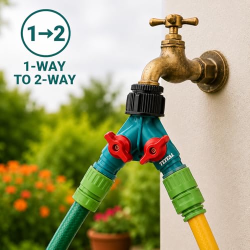 Image of TOTAL Garden Hose Y Splitter 2 Way | Tap Connector with Dual Shut-Off Valves | High Pressure Water Hose Diverter with 1 inch to 3 /4 inch Adapter for Garden, Car Wash & Irrigation