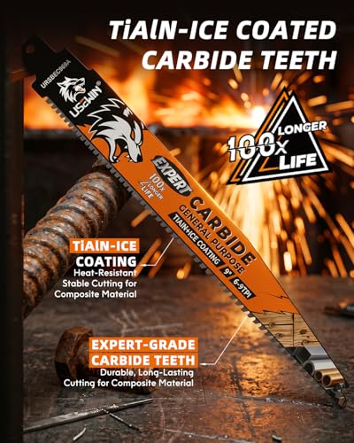 Image of Expert Carbide Reciprocating Saw Blade, 9 Inch 6-9TPI Saw Blades for Metal, Steel, Copper, Aluminium, Wood with Nails, 3 Pack