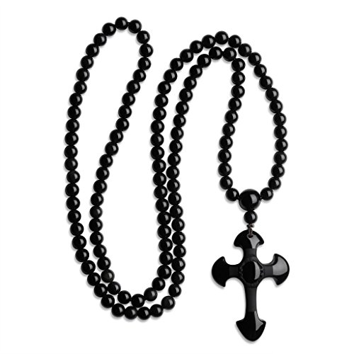 COAI Collar Mala 108 Cuentas de Piedra Obsidiana 8mm con Colgante Cruz para Hombres Mujeres