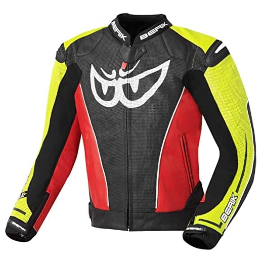 Berik Street Giacca in Pelle da Moto, Nero/Rosso/Giallo, 54