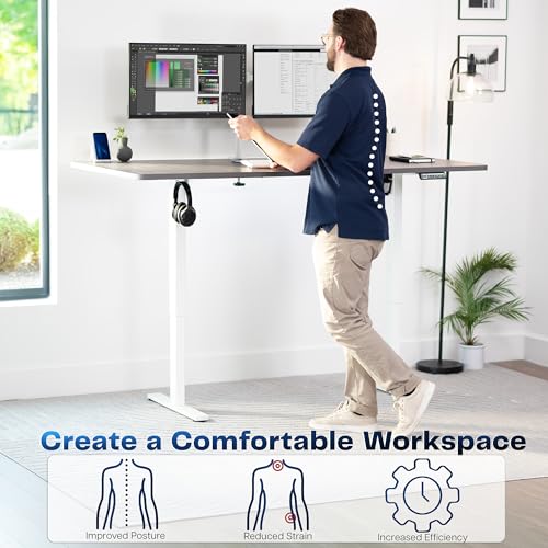 Image of VIVO Dark Gray 71 x 36 in Standing Desk, DESK-KIT-1W7G-36 | Electric, Holds 220 lbs, Sit Stand, Height Adjustable, Extra Deep Table Top, Memory Presets, 1B Series, White Frame