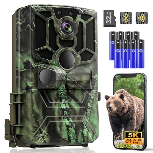Swetfela Wildkamera mit Handyübertragung App, 5K Video 60MP Full HD WLAN Bluetooth Wildtierkamera Nachtsicht Bewegungsmelder 0,1s Auslösezeit IP66 Wasserdicht 32GB Speicherkarte AA-Batterien
