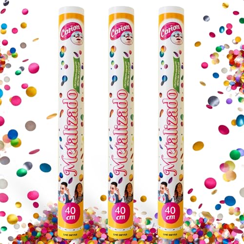 Cañón Confeti Boda, Cañón para fiestas y eventos, Fáciles y Seguros de Usar, Apto para bodas, eventos, celebraciones,  Uso interior y Exterior, Diseño Metalizado Multicolor, 40 cm, Pack de 3 unidades