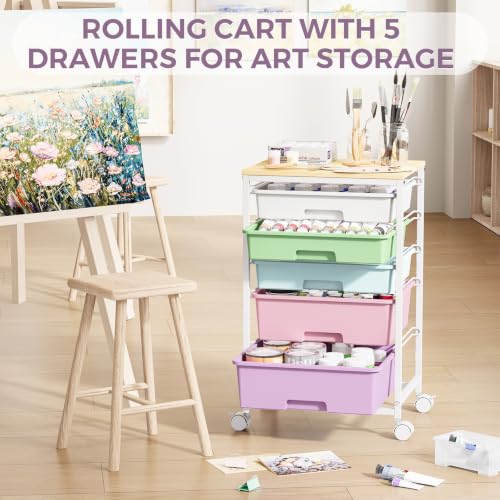 Image of SYKIARIOL 5-Tier Rolling Utility Storage Drawer Craft Cart on Wheels with Wooden Tabletop, Mobile Craft Storage Drawer Cart Trolley for Home Office, Classroom, Craft Room & Kid Room, Ice Cream