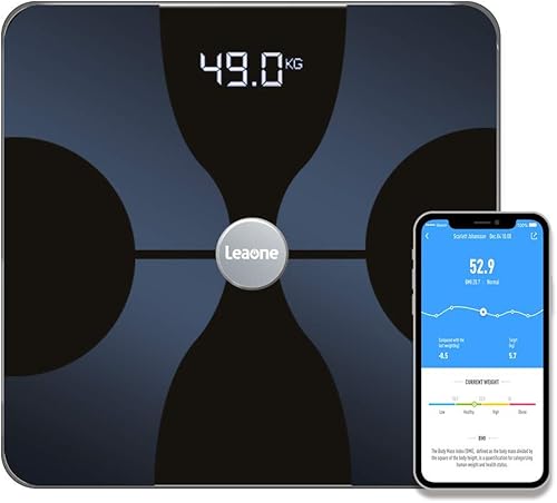 Leaone Báscula de grasa corporal de 11.8 x 11.8 in, LED blanco retroiluminado digital, báscula de peso digital inteligente con Bluetooth, analizador