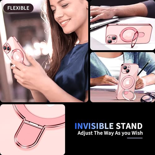 Image of Magnetic for iPhone 15 Case with Invisible Stand[Compatible with MagSafe][Full Camera Lens Protector][Military Drop Protection] Shockproof Not Yellowing Clear Slim Soft for Women Men, Pink