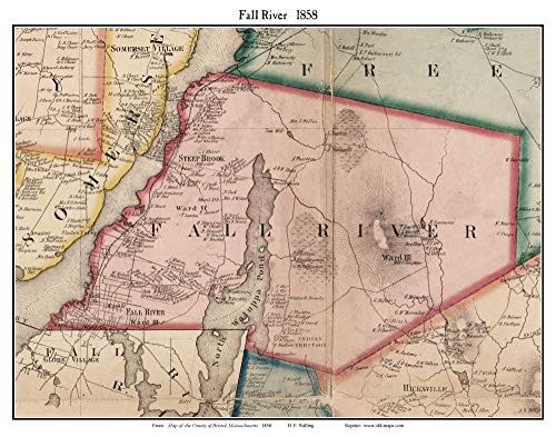 Fall River 1858 Old Town Map with Homeowner Names Massachusetts - Reprint Bristol Co. MA TM