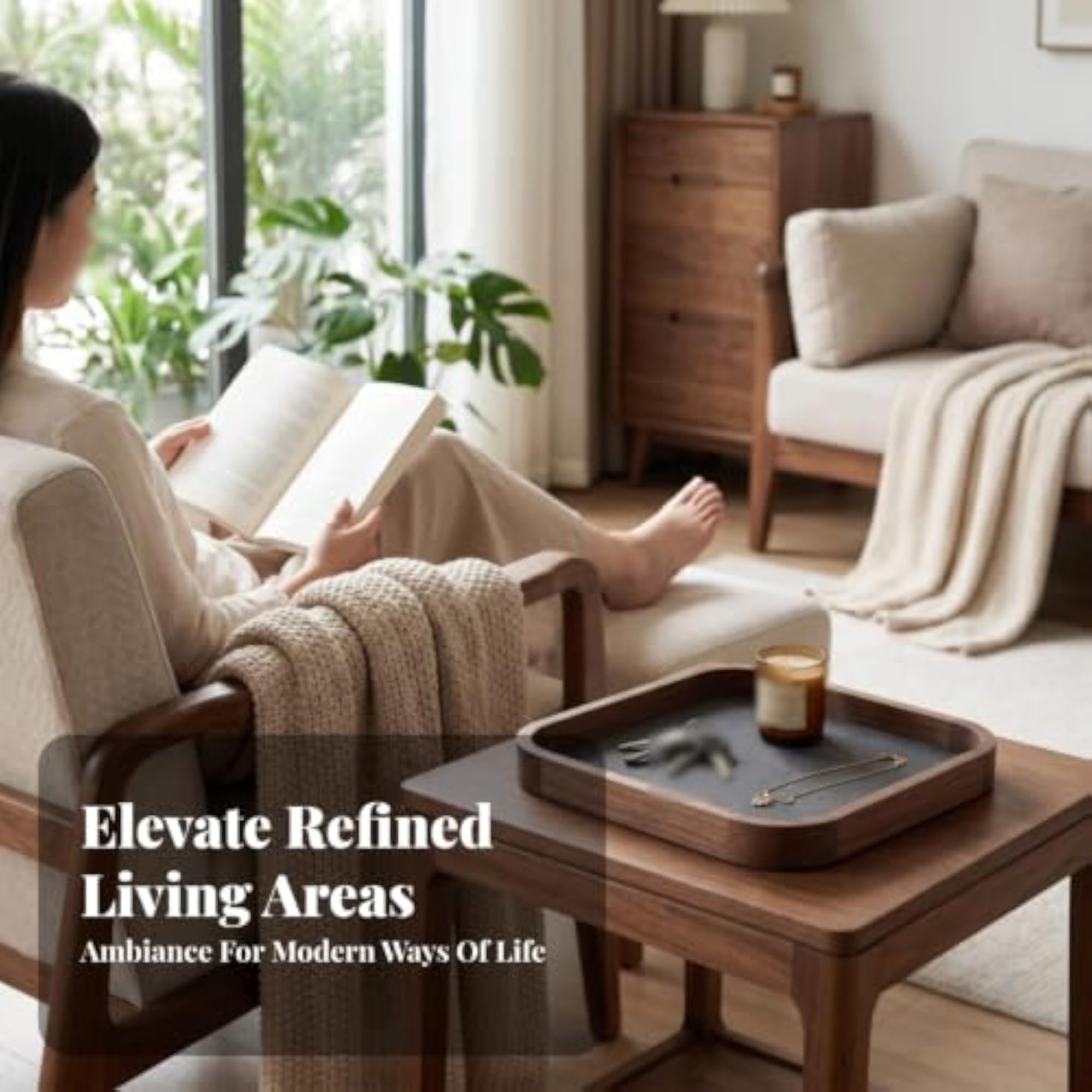 CLOVRIX® Rounded-Square Leather Edged Wood Decorative Tray