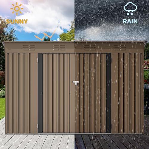 Image of DWVO 9 x 4' Outdoor Storage Shed, Large Metal Tool Sheds, Heavy Duty Storage House with Lockable Doors & Air Vent for Backyard Patio Lawn to Store Bikes, Tools, Lawnmowers, Brown