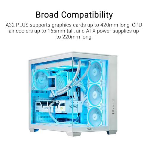 Gabinete PC ASUS A32 Plus Blanco ATX | Ventiladores ARGB, Diseño Panorámico, Panel Frontal de Cristal, Compatible con Radiadores de 360 mm y Tarjetas Gráficas de 420 mm, Puerto USB-C Frontal miniatura 5