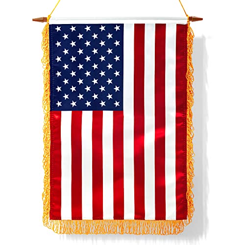 Anley 18x12 Inch American Wall Banner Classroom Flag - US National Hanging Flags for Home School and Door - Beautiful Fringy Satin Finish & Wooden Hanging Pole