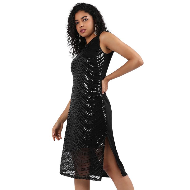 Campus Sutra Women's Black Self-Design Dress With Sequin Detail For Casual Wear | Sleeveless | Polyester Knee Length Dress Crafted With Comfort Fit And High Performance For Everyday Wear (Xl)