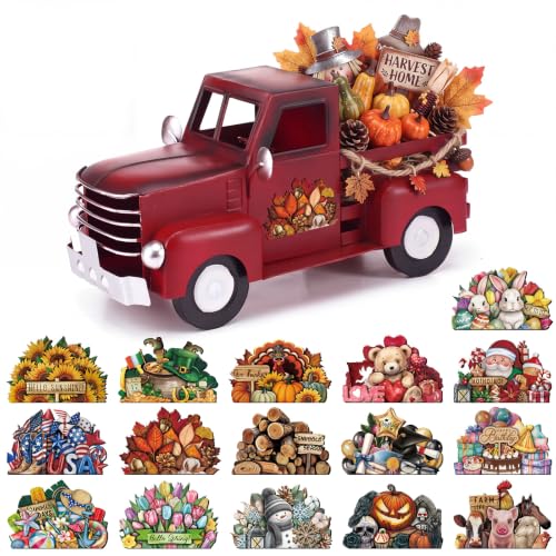 Threehoney 12.2 Inch Vintage Red Farmhouse Truck with 16 Magnets Rustic Fall Thanksgiving Centerpieces for Home Kitchen Shelf Interchangeable Decor Seasonal Metal Pickup Truck DIY