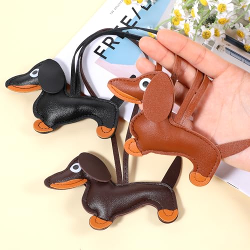 Lusofie 3 Stück Leder Dackel Schlüsselanhänger Set Taschenanhänger Tasche Welpe Hundetasche Anhänger Bag Charms Hundeförmiger Tierisch Keychain Süßes Hund Deko Dackel Geschenke Für Frauen Männer