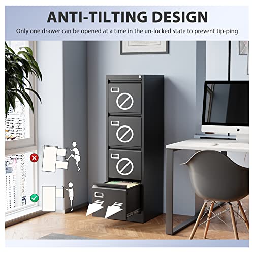 Anxxsu 4 Drawer File Cabinet, Filing Cabinets for Home Office, Metal Vertical File Storage Cabinet with Lock, Locking File Cabinet for A4 Legal/Letter, 15" W x 17.7" D x 50.1" H, Assembly Required - Thumbnail 4