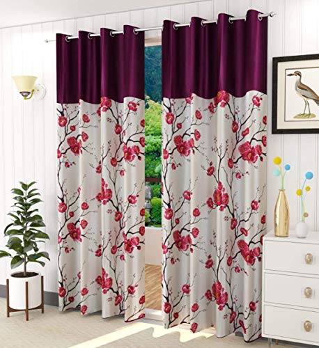 Image of Galaxy Home Decor Rose Printed Half Translucent Curtains for Window 5 Feet, Pack of 2, Wine (Wine, Window 5 Feet)