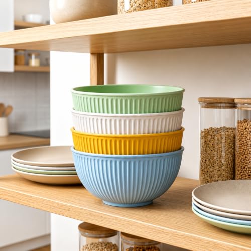 Image of Wheat Straw Bowl Set of 4 (15 cm) - 750ml | Unbreakable BPA Free Bowls | Dishwasher Safe | Ribbed Pattern Reusable Bowls for Soup, Salad, Noodles, Snacks - Multicolour