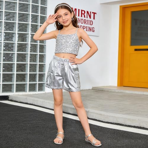 Image of Rolanko Girls Cargo Shorts Lightweight Parachute Short Pants with Pockets Summer Cargo Shorts for Kids Casual Hiking Sports