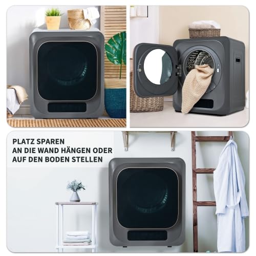 Wäschetrockner Abgastrockner 3kg (tatsächlich 4kg), 850W, Edelstahltrommel, 6 Programme, Timer-Funktion, Mehrfachfilter, Überhitzungsschutz, wandmontierbar [Energieklasse G], Grau