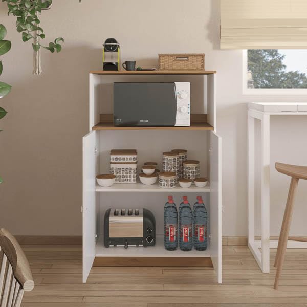 Meuble d'appoint pour micro-ondes Blanc et chêne 124 x 80 x 40 cm (hauteur x largeur x profondeur)