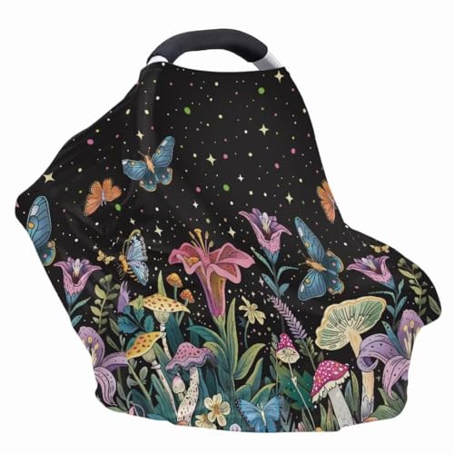Image of Coldinair Mushroom Car Seat Cover for Babies Boys Girls,Floral Nursing Cover,Soft Stretchy Infant Carseat Canopy,Shopping Cart /High Chair /Stroller Covers