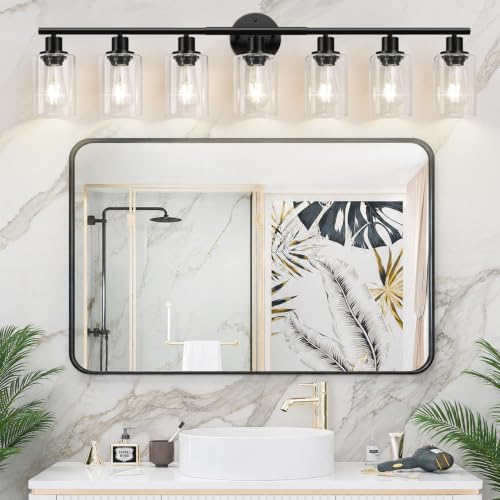 Image of Zarbitta 7-Light Bathroom Light Fixtures, Black Modern Vanity Lights with Clear Glass Shade, Bathroom Wall Lamp, for Mirror, Kitchen, Living Room, Hallway, Cabinet