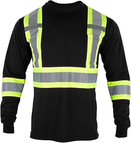 VENDACE Camiseta de trabajo de seguridad de alta visibilidad para hombre ANSI Clase 2 reflectante de manga larga con bolsillo (negro, L)