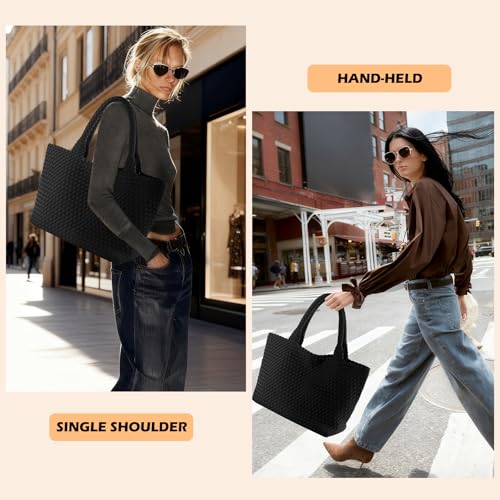 Bolso tote tejido para mujer, negro, grande, bolso de mano madre-hija con bolsa desmontable – bolso shopper texturizado miniatura 2