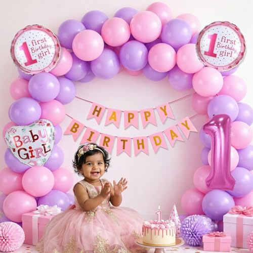 Image of Party Propz 1 Year Birthday Decoration for Baby Girl - 32 Pcs,Happy Birthday Decoration Kit 1 Year with Banner, Balloons, Foil Balloons & Arch Roll, 1st Birthday Decoration Items for Girls (Cardstock)