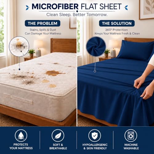 Image of Microfiber Single Size Bedsheet with 2 Pillow Covers | Ultra Soft & Breathable Flat Sheet | Wrinkle-Resistant, Premium Comfort for Everyday Use |Size (60 inch x 90 inch) Navy Blue