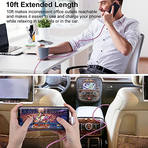 Usb Type C Cable Fast Charging [3Pack,10Ft],Pofesun Usb C Cable Right Angle 90 Degree Usb A To Type C Fast Charger Compatible For Samsung S22+Ultra S21 S20 S10 S9 Plus Note 20 10-Purple,Green,Rose #TOP2