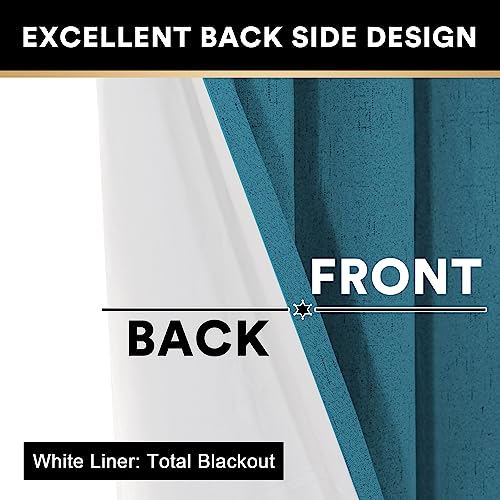 Image of PrinceDeco 100% Blackout Curtains 64 inch Long 2 Panels Set Linen Blackout Curtains for Bedroom Thermal Insulated Drapes with White Liner Privacy Protection,42 X 64 in,Blue Sapphire
