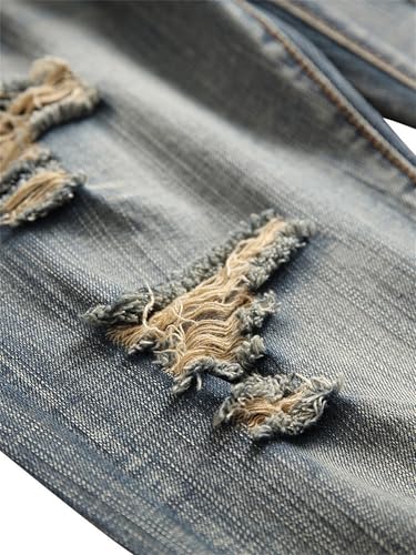 Mens Ripped Denim Pants Mid Rise Straight Leg Slim Fit Long Jeans with Pockets Streetwear Trousers4