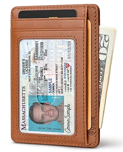 Image of Buffway Slim Wallet for Men Women Minimalist Small Leather Front Pocket Wallets with RFID Blocking and Gifts Box - Bassa Brown